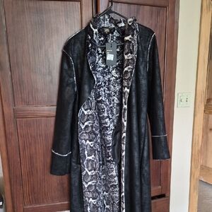 Lucky & Blessed Black Faux Leather Trench with Snake-Print Lining